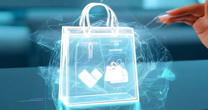 A shopper's hand interacting with a holographic shopping bag on a sleek, digital interface, as items materialize inside the bag