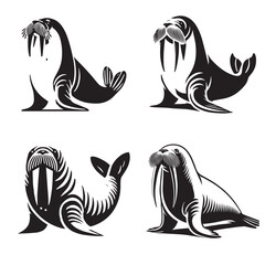 "Artistic Silhouettes of Walruses Showcasing Majestic Features in Black and White"