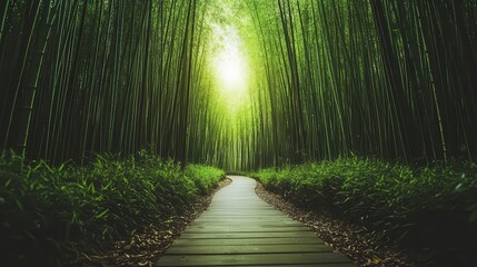 Fototapeta premium Winding path through a dense bamboo forest, light filtering through gently, patience, serenity, balance
