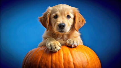 A Golden Retriever Puppy Rests Its Paws on a Large Orange Pumpkin Against a Blue Background