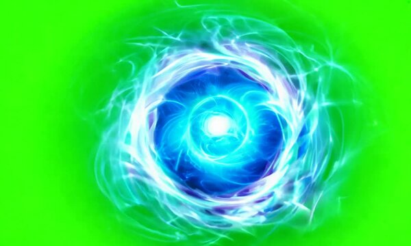 A swirling vortex of glowing blue energy beams converging at the center, dynamically looping on an isolated green screen background for sci-fi or fantasy effects