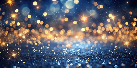 Fototapeta premium A sparkling background with scattered golden bokeh lights and blue glitter creating a dazzling festive atmosphere.