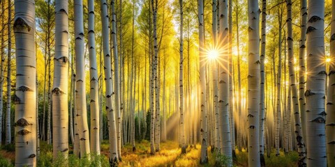 Golden Sunlight Streaming Through a Grove of Aspen Trees in Autumn