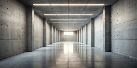 A Modern Minimalist Concrete Corridor With a Gleaming Floor and Overhead Fluorescent Lights