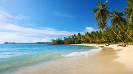 Glorious Summertime - Tropical Beach, Crystal Clear Water, Pristine Sandy Shores, and Palms Swaying in Warm Golden Light