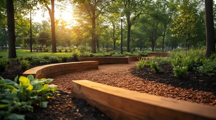 Obraz premium A path in a park with a bench and a tree