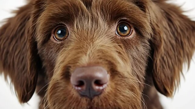 Brown dog with expressive eyes looking directly at the viewer in a bright, well-lit environment during daytime