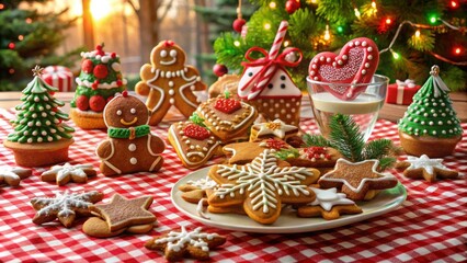 Fototapeta premium A Christmas gingerbread feast with a heart-shaped cookie dipped in milk, surrounded by festive treats and a red and white checkered tablecloth