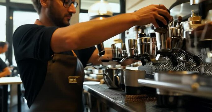 A skilled barista prepares an espresso, from grinding beans to pulling the shot, steam rising as milk froths. Slow-motion shots capture the art of latte art