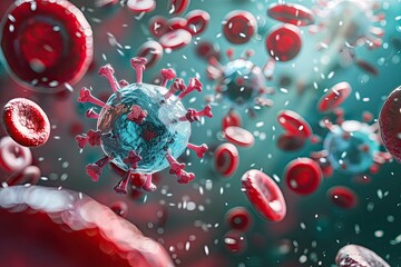 Fototapeta premium Detailed view of leukocytes attacking coronavirus particles inside a blood vessel
