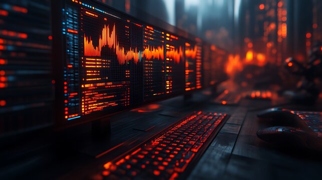 Futuristic trading room with monitors displaying data.
