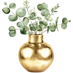 Watercolor painting of eucalyptus branches in a gold vase, isolated on white background.