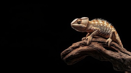 Closeup of a chameleon perched on a branch, perfectly still and observant, patience, serenity, balance