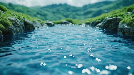 Fototapeta premium Serene stream flowing through mossy rocks and lush greenery.