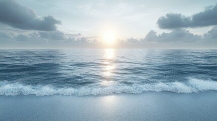 Obraz premium Serene ocean sunset with gentle waves on sandy beach.