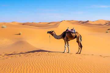 Fototapeta premium Silhouette of a camel in vast desert dunes