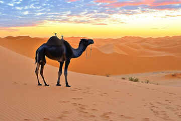 Silhouette of a camel at sunset over desert dunes