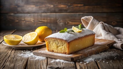Delicious lemon loaf cake, freshly baked and dusted with powdered sugar, garnished with lemon slices and mint, rests on a rustic wooden board.