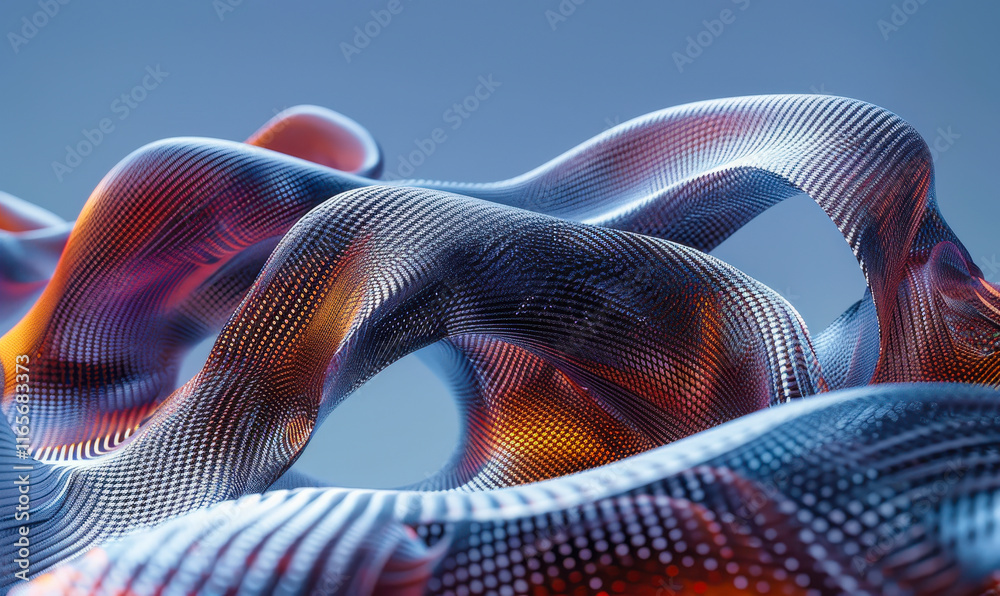 Poster abstract parametric waves with fluid mesh texture and iridescent glow in digital art