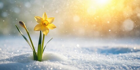 A single daffodil blooms bravely amidst a blanket of fresh snow, bathed in the warm glow of the winter sun.