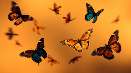 Dynamic motion, smooth gradient transitions. Fine art photograph of butterflies and moths in warm, slightly dark tones, professional style. Soft contrast, soft saturation, seamless color blending, blu