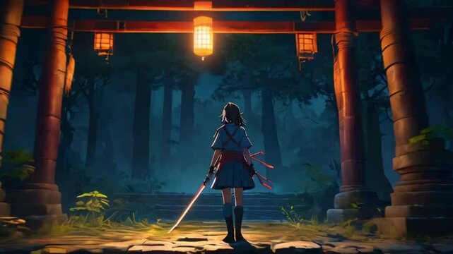 The girl Standing ancient, overgrown shrine, girl assumes a fighting stance, katana faint glow of lanterns, 2d flat anime-style illustration, 4k lofi hip-hop bites landscape music animation video