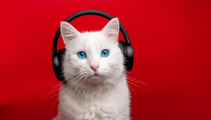 White Cat with Blue Headphones, Red Background, Music Lover, Generated image