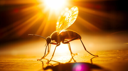 A dynamic insect in motion, bathed in a warm golden glow with bright lens flares.  Blurred lines, action poses, light streaks, and vibrant colors create a radiant and luxurious effect