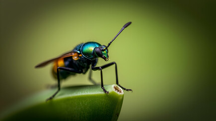A sharply focused insect with vibrant, complementary colors against a soft, blurred bokeh background. Balanced tones enhance the contrast