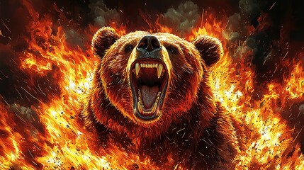 Fiery Grizzly Bear Roaring In Blazing Inferno