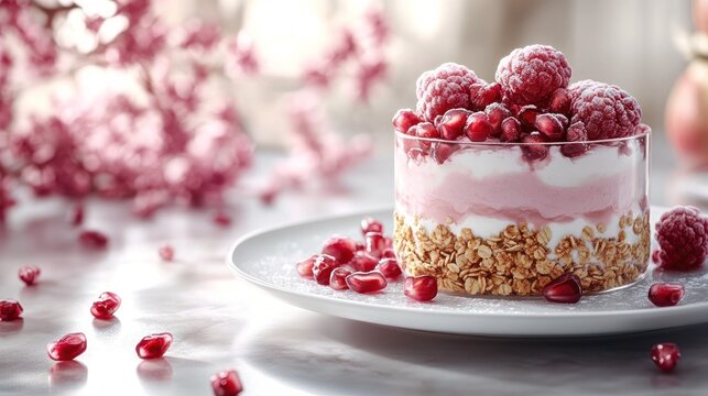 Yogurt parfait with granola, raspberries, and pomegranate seeds.