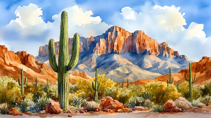 Scenic watercolor painting of a desert landscape with saguaro cacti and mountains under a bright sky.