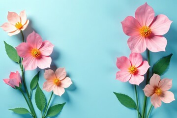 delicate handmade paper flowers on light blue background with empty space in center, empty space, minimalist decor, paper flowers