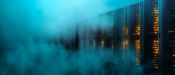 Misty server room with glowing racks.