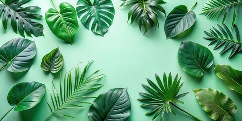 Tropical Leaf Arrangement on a Light Green Background