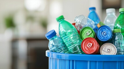 Recycling initiative for colorful plastic bottles and cans urban environment visual content awareness campaign