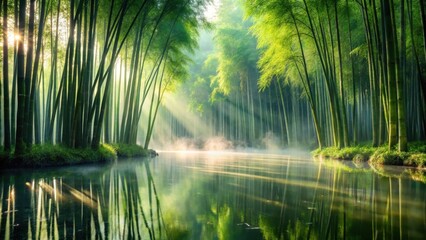 Fototapeta premium Serene Sunrise Illuminates a Misty Bamboo Forest Reflecting in Calm Water