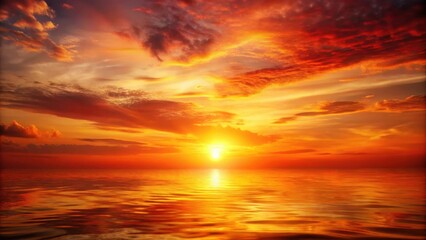 A fiery sunset casts a golden glow on the tranquil ocean, painting the sky with vibrant hues of orange, red, and yellow