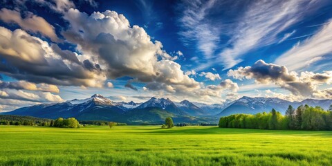 Obraz premium A lush green meadow stretches towards snow-capped mountain peaks, framed by a breathtaking sky filled with dramatic clouds.