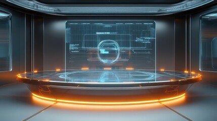 A futuristic boardroom with a transparent, circular table, glowing edges, and a dynamic digital interface