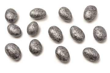 Chocolate silver eggs isolated on a white background.