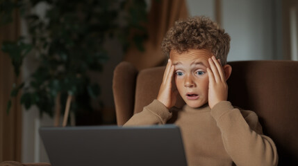young boy with curly hair looks shocked and overwhelmed while using laptop. His hands are on his head, expressing frustration or confusion. setting is cozy and warm, with soft lighting