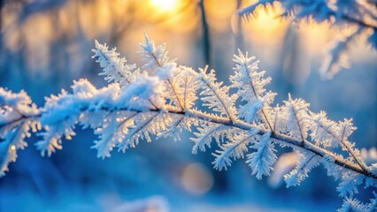 Obraz premium A delicate branch, adorned with frost crystals, glows under a warm morning sun, casting a ethereal and otherworldly beauty onto the winter landscape.