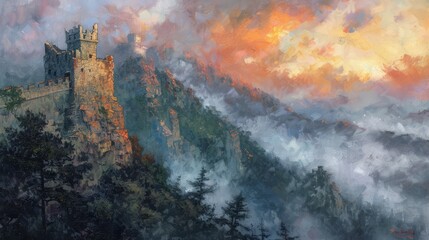Fototapeta premium A majestic castle atop a misty mountain at sunset, evoking a sense of mystery and wonder.