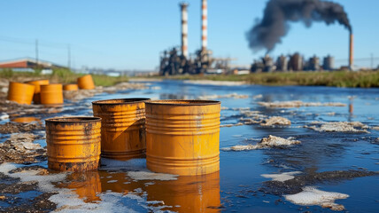 Rusty barrels leaking chemicals pollute a water body near an industrial plant, with smoke rising from chimneys in the background.