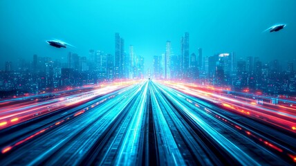 Fototapeta premium Futuristic night cityscape with neon lights and flying cars urban environment digital art perspective