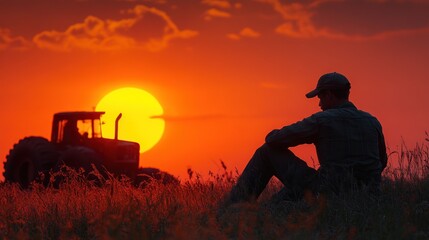 Fototapeta premium Silhouette of a farmer sitting in a field at sunset with a tractor in the background.
