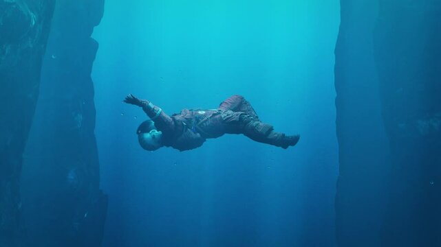 Astronaut falling underwater, loop animation