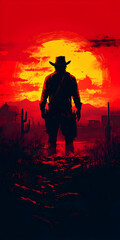 Silhouetted cowboy at sunset in the Wild West.