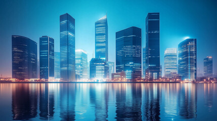 Modern Skyline at Night with Reflections on Water